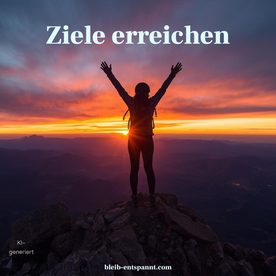 Titelbild des Beitrags über Zielen erreichen via Visualisation mit einem Sonnenuntergang und einem Mensch auf einem Gipfel.