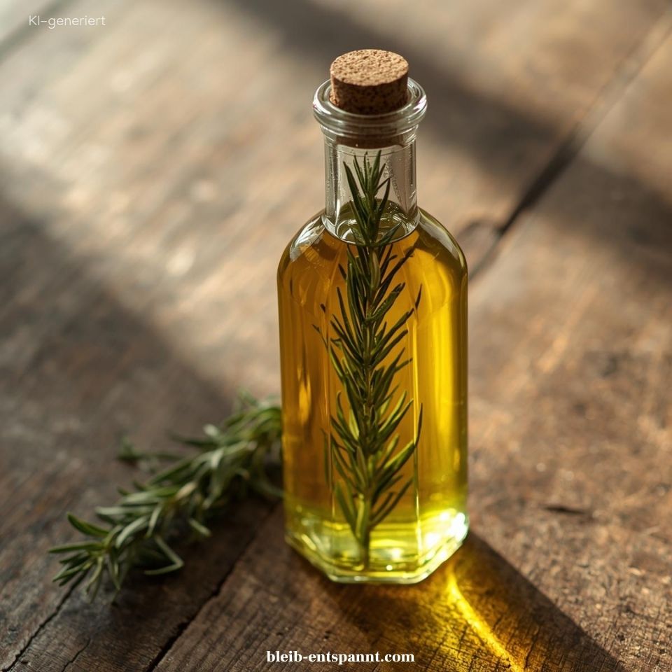 Das Titelbild des Beitrags über Rosmarinöl selber machen mit einer Flasche Öl und Rosmarin.