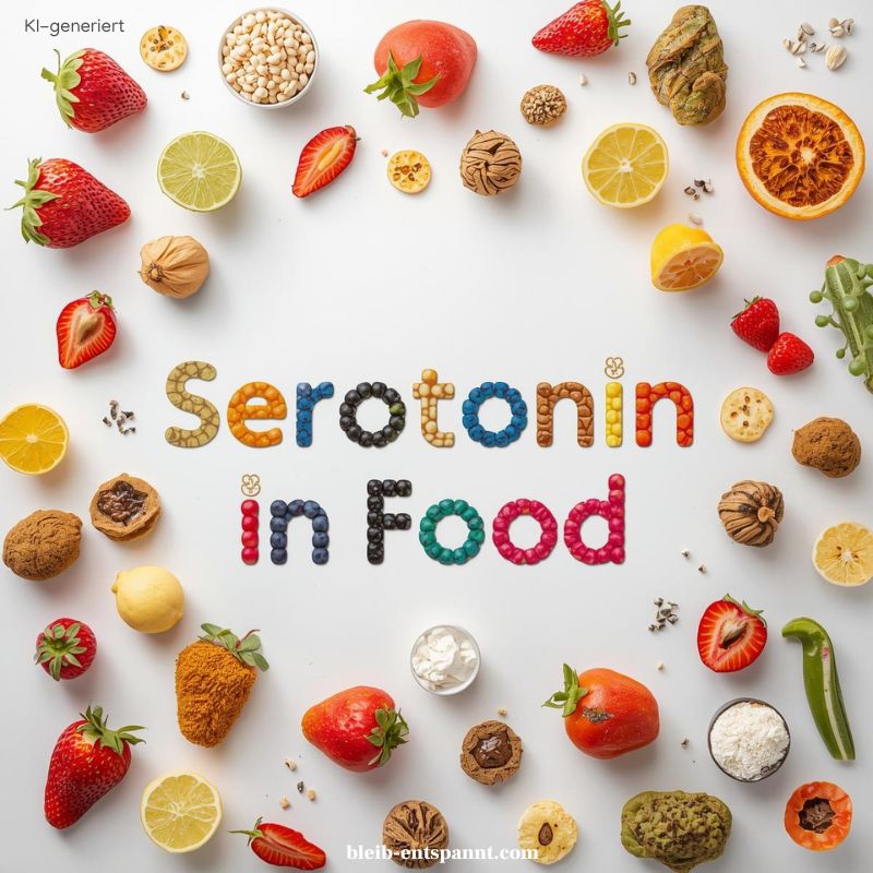 Das Cover des Beitrags über Serotonin Lebensmittel mit Früchten, Nüssen etc. um den Titel auf Englisch.