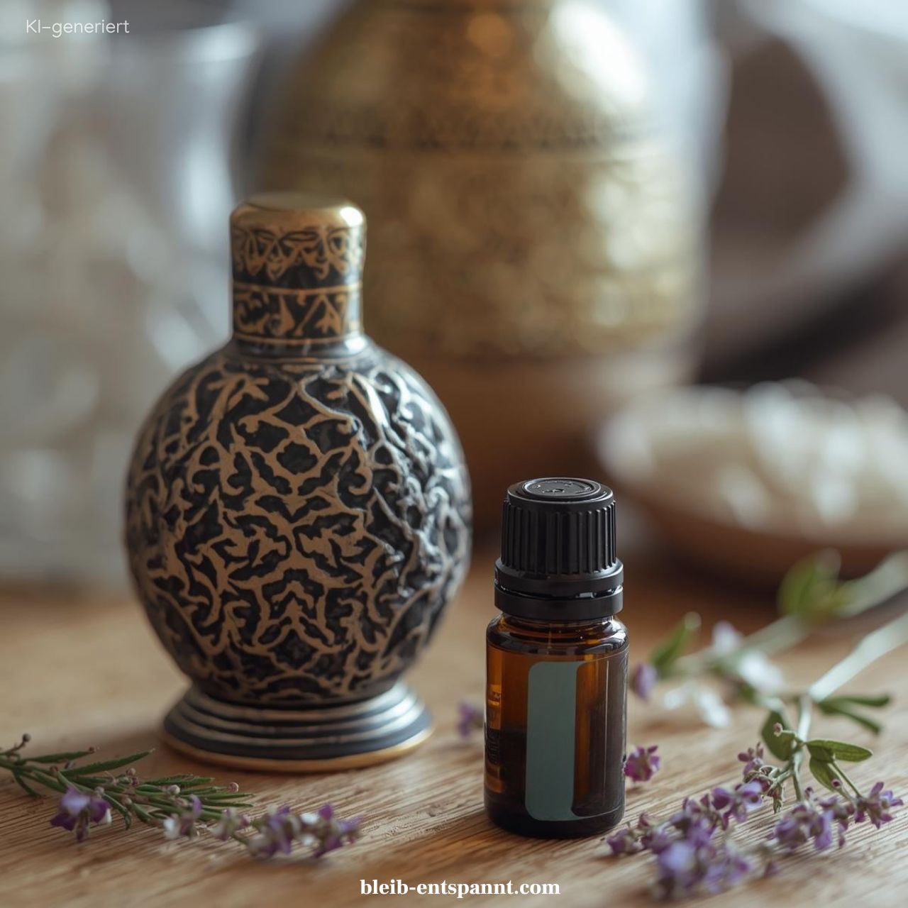 Das Titelbild des Beitrags über ätherische Öle Entspannung mit einem Fläschchen Öl, einem Diffuser und Lavendel dekoriert.
