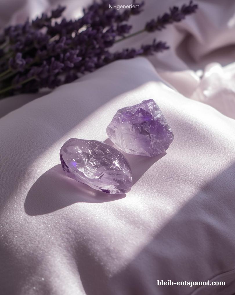 Das Cover des Beitrags über Heilstein Schlaf und Heilstein Schlafstörung mit zwei Amethysten auf einem Kissen, dahinter Lavendel.