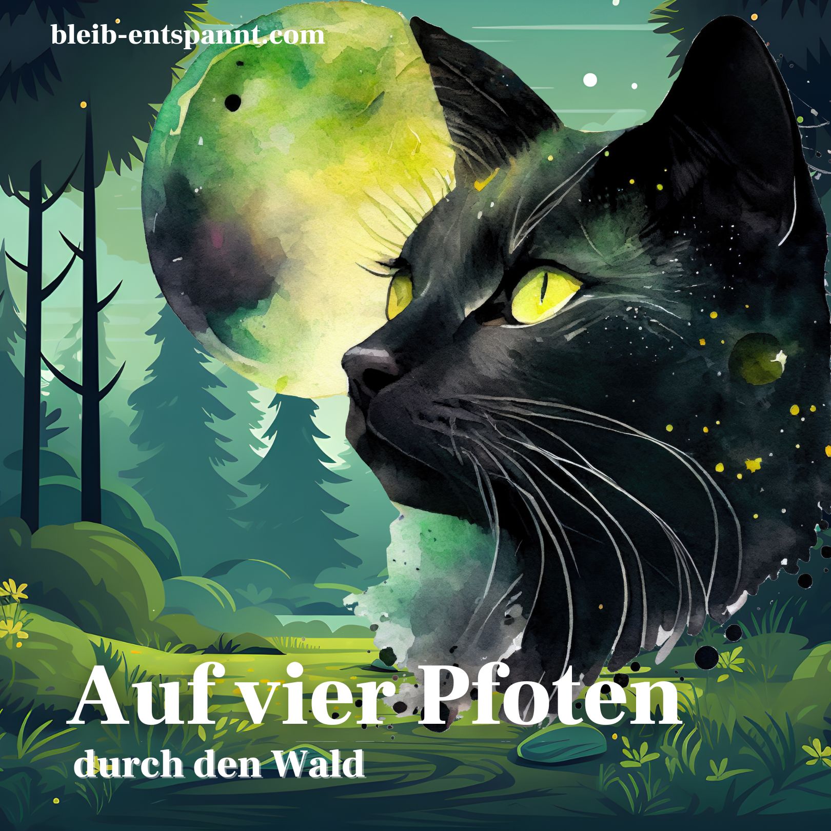 Das Cover dieser Katzengeschichte mit schwarzem Katzenkopf vor einem Waldhintergrund und dem Titel.