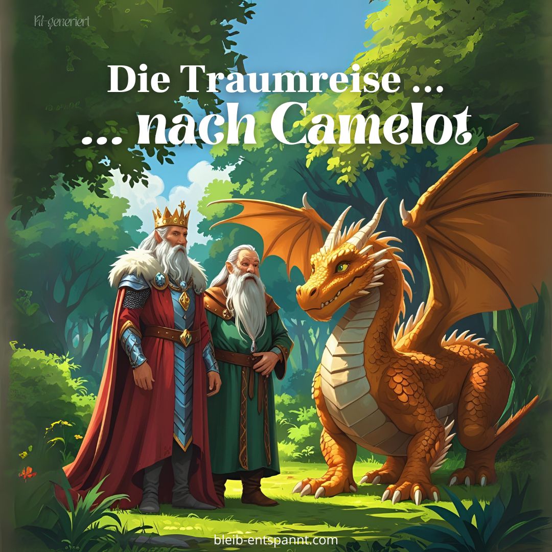 Das Cover der König Artus Geschichte mit König, Zauberer Merlin mit langem Bart und einem orangenen Drachen im Wald.