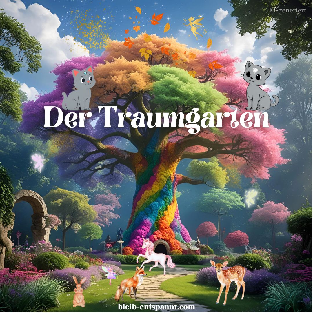 Das Cover der Gute Nacht Geschichte zum Einschlafen - Der Traumgarten mit einem Baum, Waldtieren und Fantasiewesen.