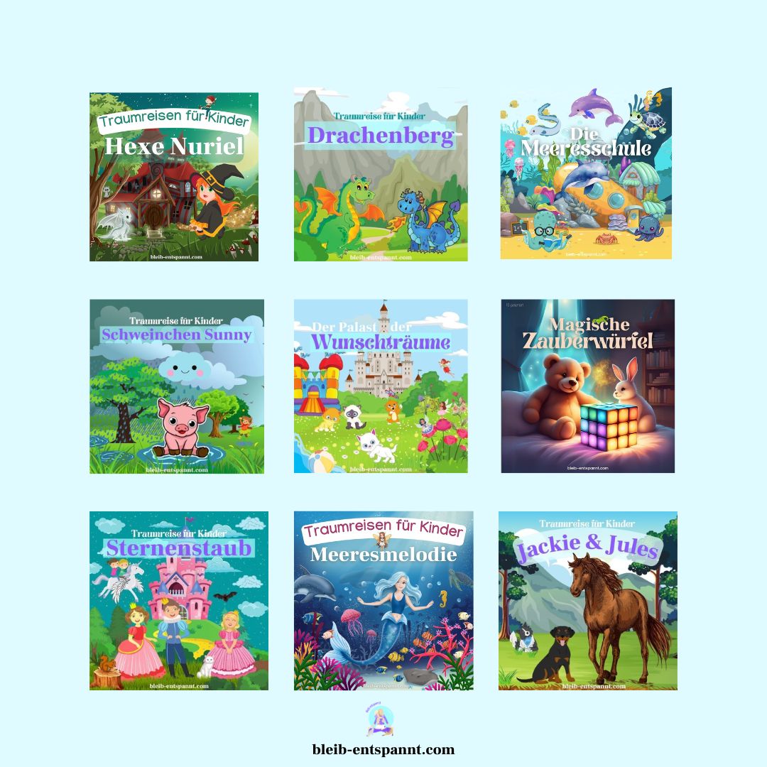 Eine Collage aus neun verschiedenen Covern einzelner Traumreisen mit Kindern.